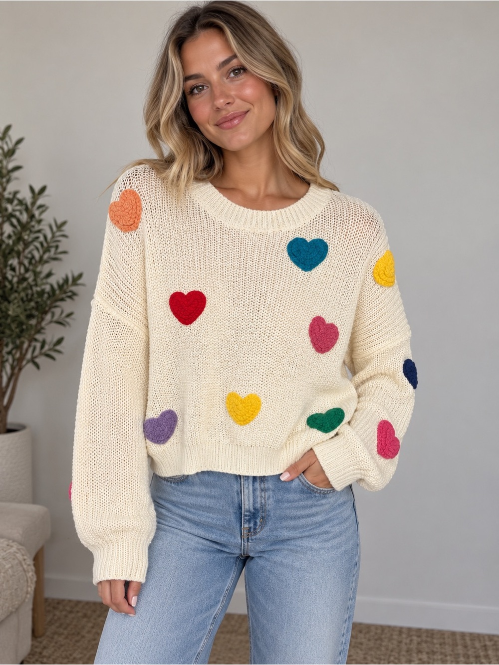 Luna Ivy Cream Multicolor Heart Crewneck Sweater Women’s Size Small NWT